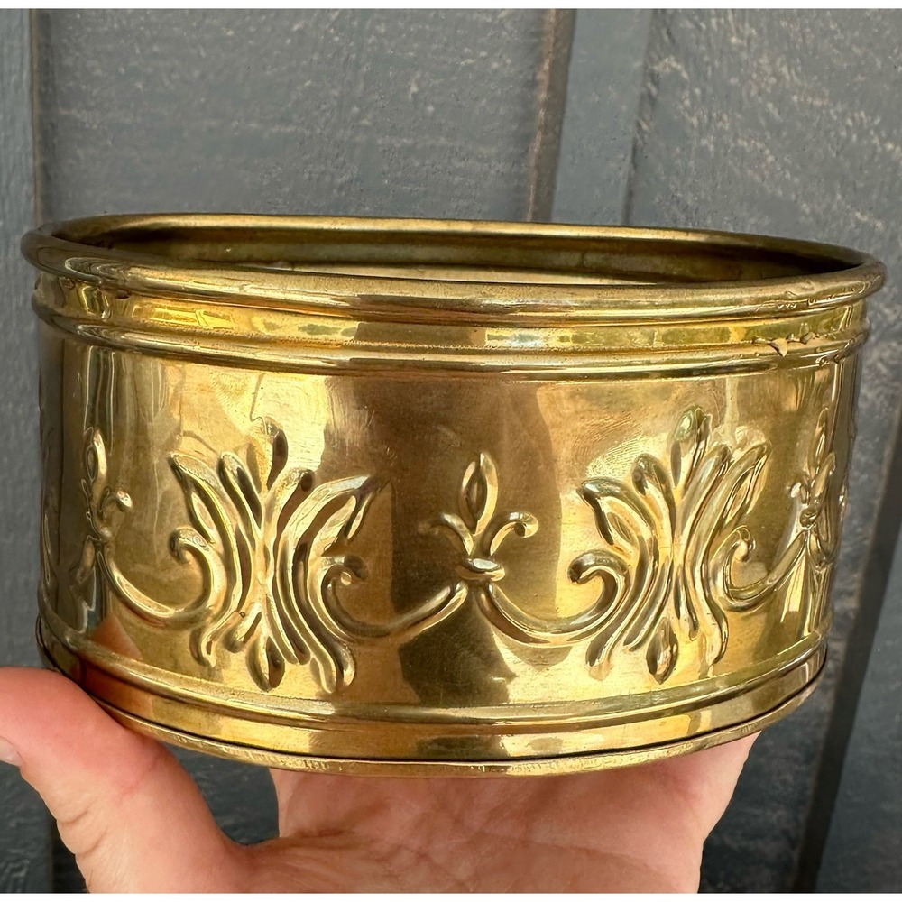 Vintage Brass Oval Planter Embossed Stamped Decorative Pot Ornate India